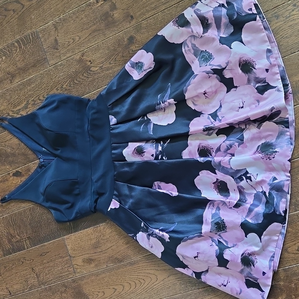 Xscape navy pink floral Short Formal Dress size 6 Tulle Lined Skirt Party Pretty
